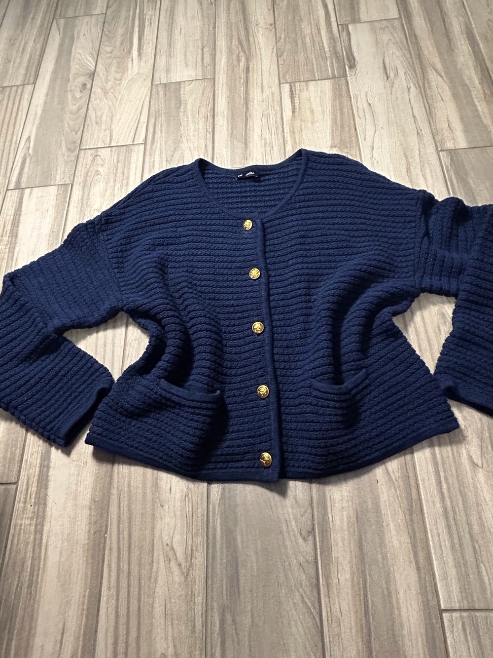 Classic Navy Ribbed Gold Button-Front Sweater XLT Casual Cozy 100% Cotton